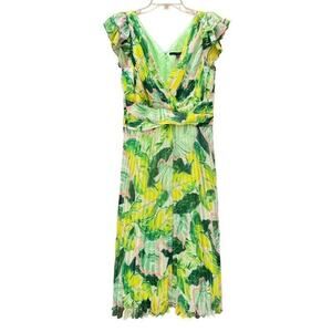 Alex Marie NWOT Green & Pink Palm Leaf Midi Dress Chiffon Pleated Size 8